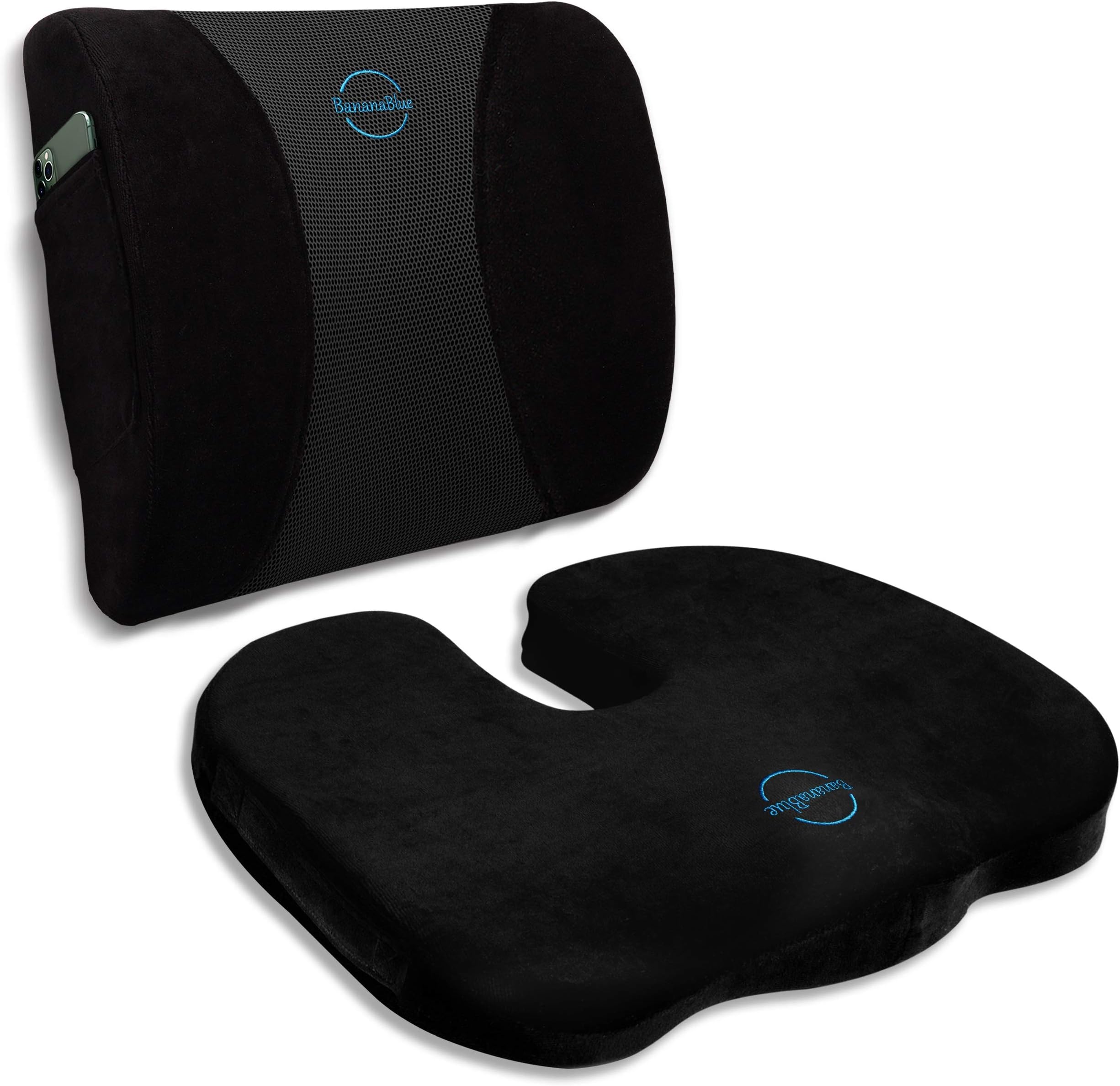 Ultimate Set: Ergonomic Lumbar Support Pillow and U-Shaped Seat Cushion for Office Chair, Car Seat, Computer and Desk Chairs. Office Chair Cushions for Coccyx, Sciatica, Back, Tailbone Pain Relief.