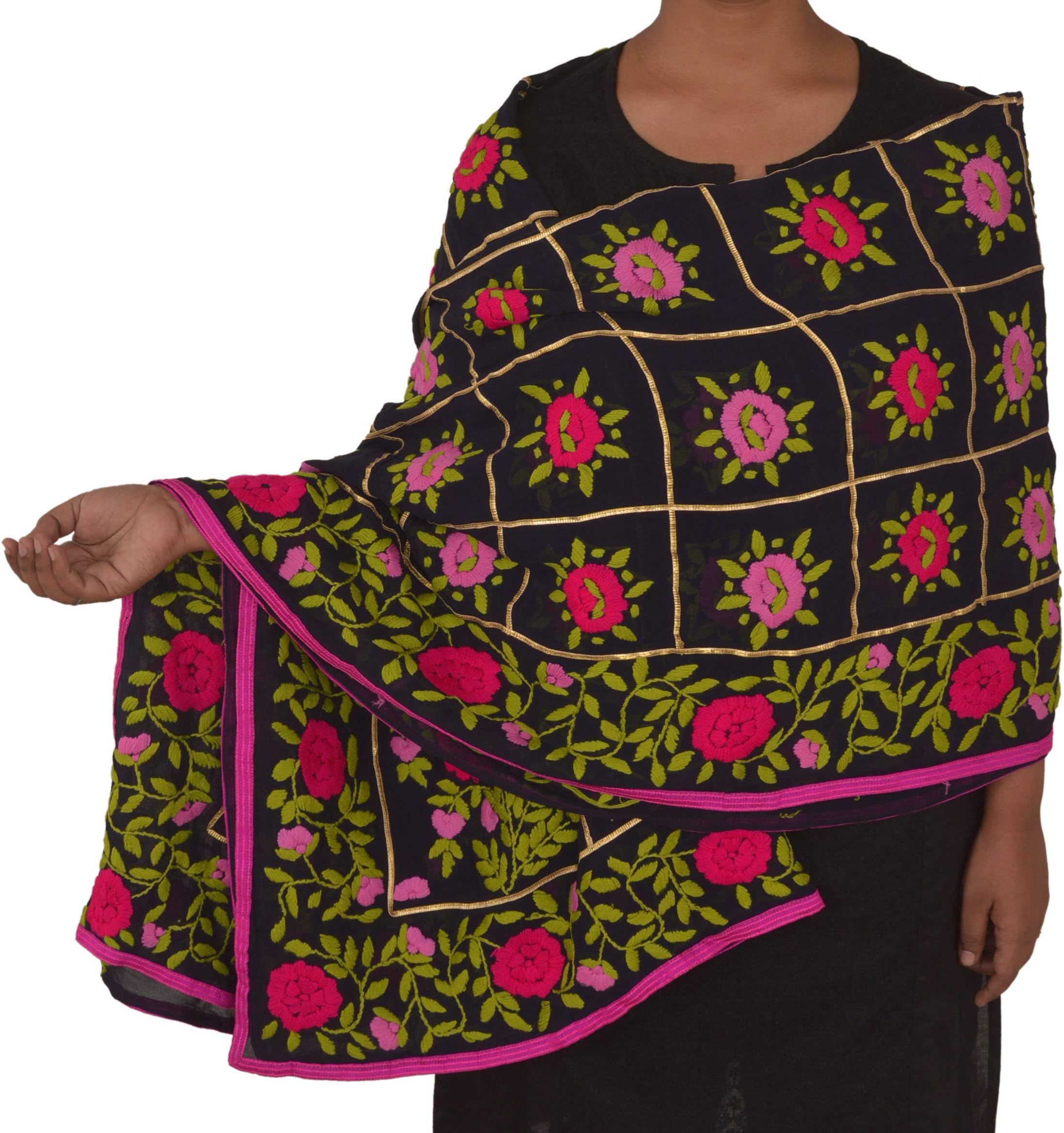 SalsaNights Georgette Heavy Dupatta Hand Embroidered Phulkari OOAK Stole