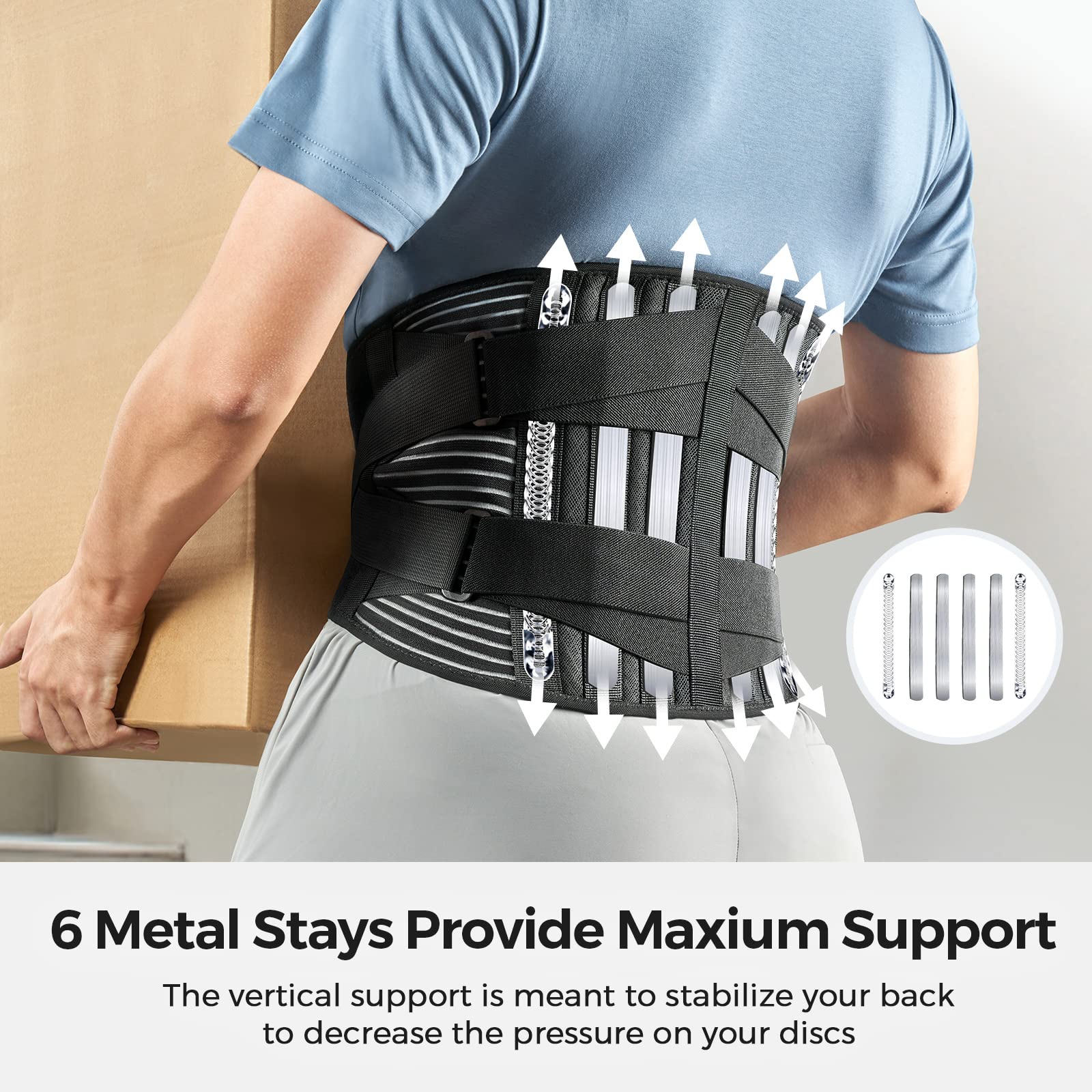 FREETOO Back Braces for Lower Back Pain Relief with 6 Stays, Breathable Back Support Belt for Men/Women for work , Anti-skid lumbar support belt with 16-hole Mesh for sciatica(M)