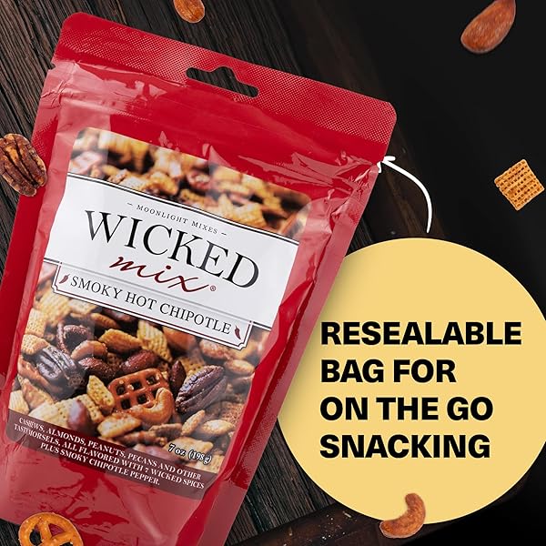 WICKED MIX SNACK MIX WITH MIXED NUTS – SWEET AND SALTY SNACKS TRAIL MIX SNACK PACKS WITH ALMONDS, CASHEWS, PRETZELS, PECANS – HEALTHY SNACKS ZERO TRANS FAT IN RESEALABLE BAG – SMOKY CHIPOTLE