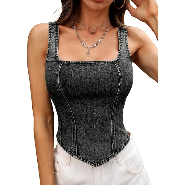 WDIRARA Women's Denim Corset Tank Top Asymmetrical Hem Crop Tops