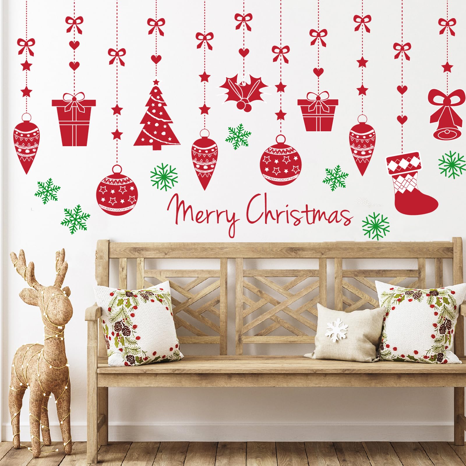 Merry Christmas Wall Decals Red Xmas Tree Snowflake Christmas Wall Stickers Removable Peel and Stick Art Murals for Bedroom Nursery Classroom Kids Room Christmas Party Decoration (Red)