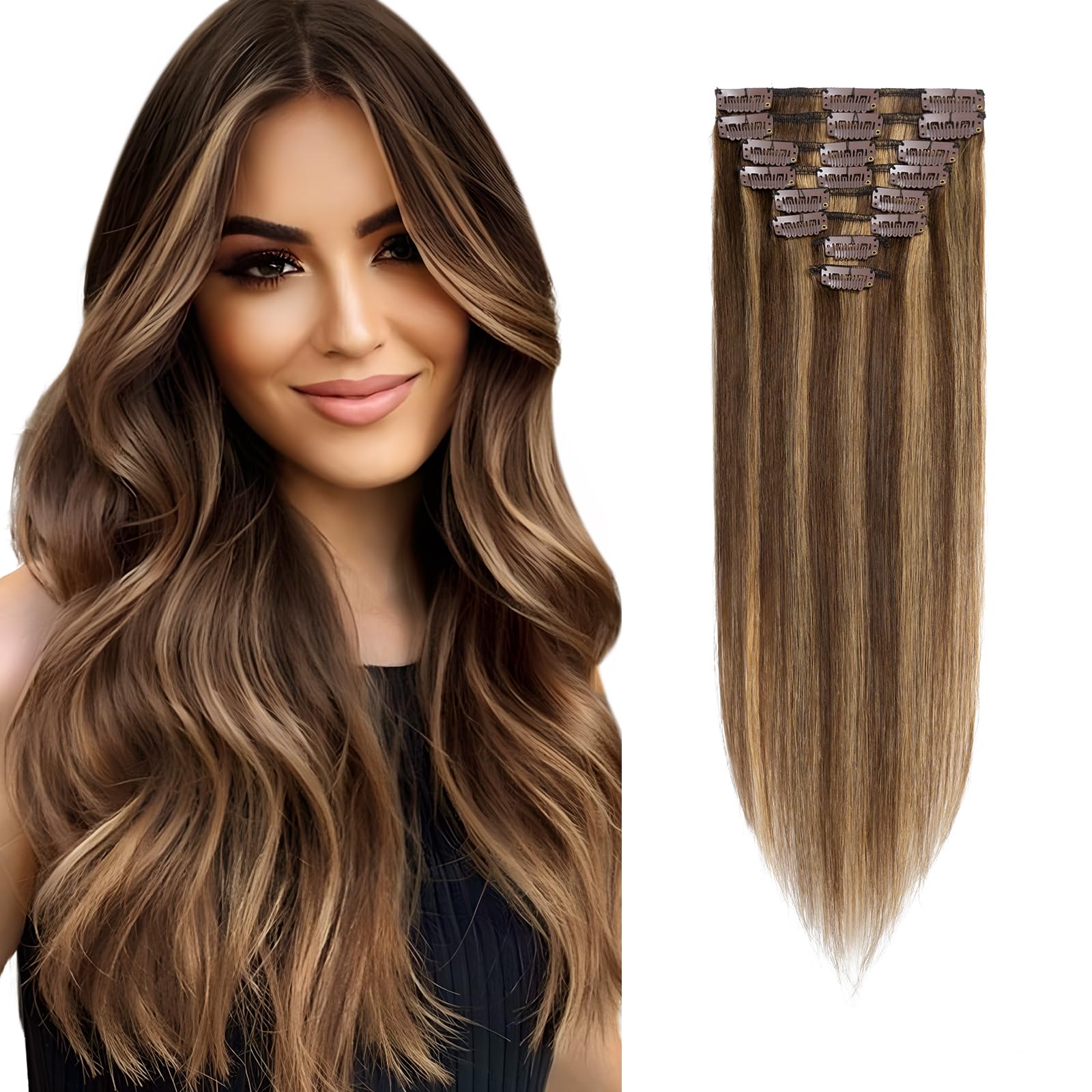 Rich Choices Human Hair Extensions Clip in 12 Inch Brown mix Blonde Remy Hair Extensions, 8PCS 55g Thin Weft