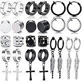 WAINIS 12 Pairs Stainless Steel Non Pierced Earrings for Men Women Magnet CZ Clip on Feather Dangle Earrings Set 8mm