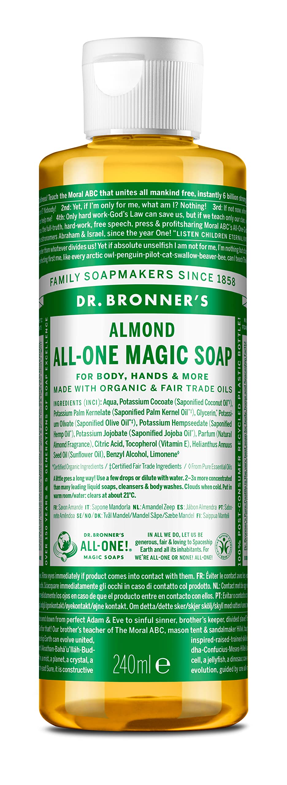 Dr Bronner Almond Pure-Castile Liquid Soap, Made with Organic Oils and Certified Fairtrade Ingredients, Used for Face, Body, Hair, Laundry, Pets and Dishes, Vegan Friendly, 237ml Bottle