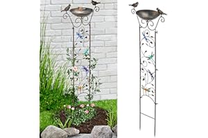 LEWIS&WAYNE Garden Trellis Bird Bath Outdoor, 40 Inch Antique Iron Garden Plant Trellis Decorative with Dragonfly and Detachable Drinking Basin Bowl, Free Standing BirdBath Birdfeeder Station