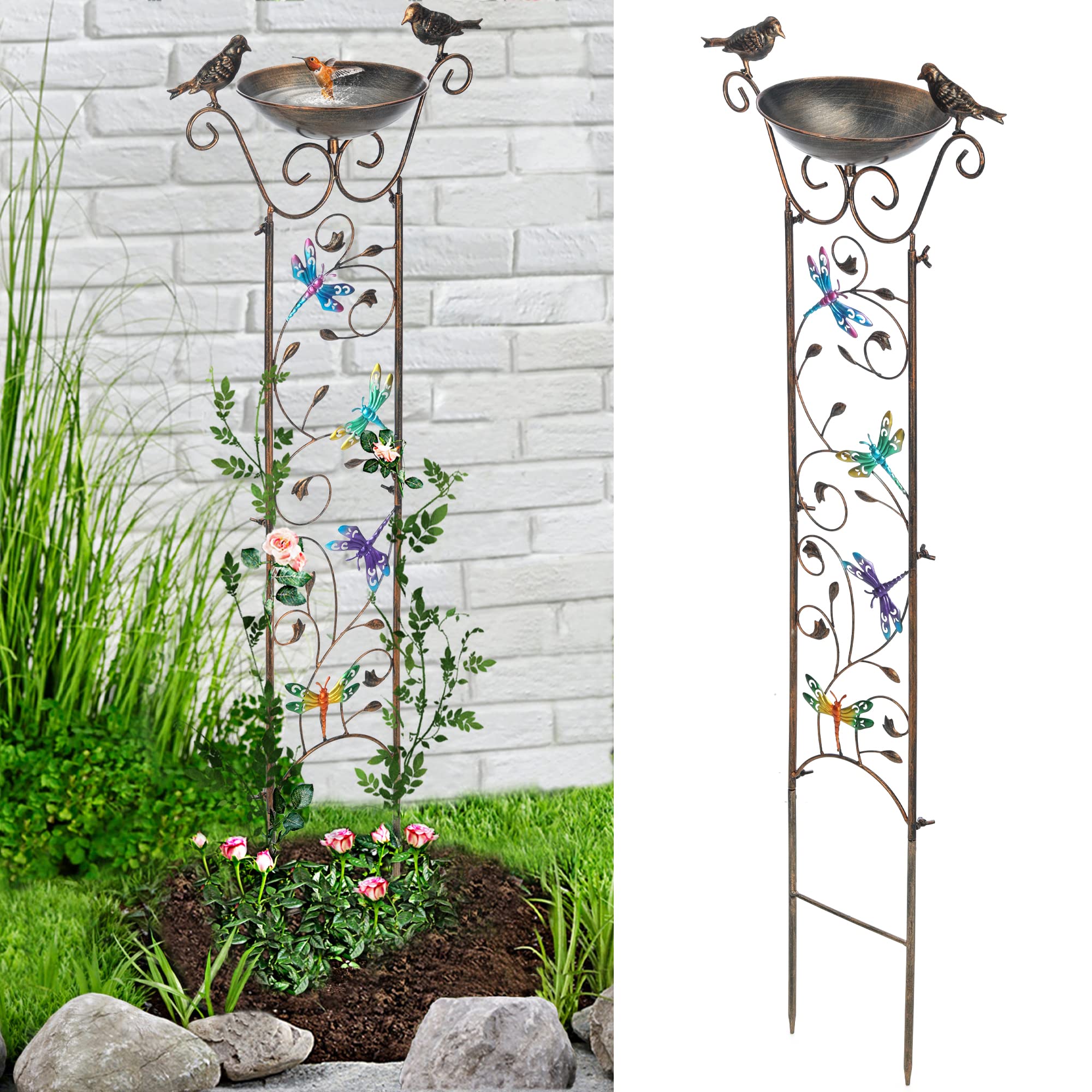 Photo 1 of LEWIS&WAYNE Garden Trellis Bird Bath Outdoor, 40 Inch Antique Iron Garden Plant Trellis Decorative with Dragonfly and Detachable Drinking Basin Bowl, Free Standing BirdBath Birdfeeder Station