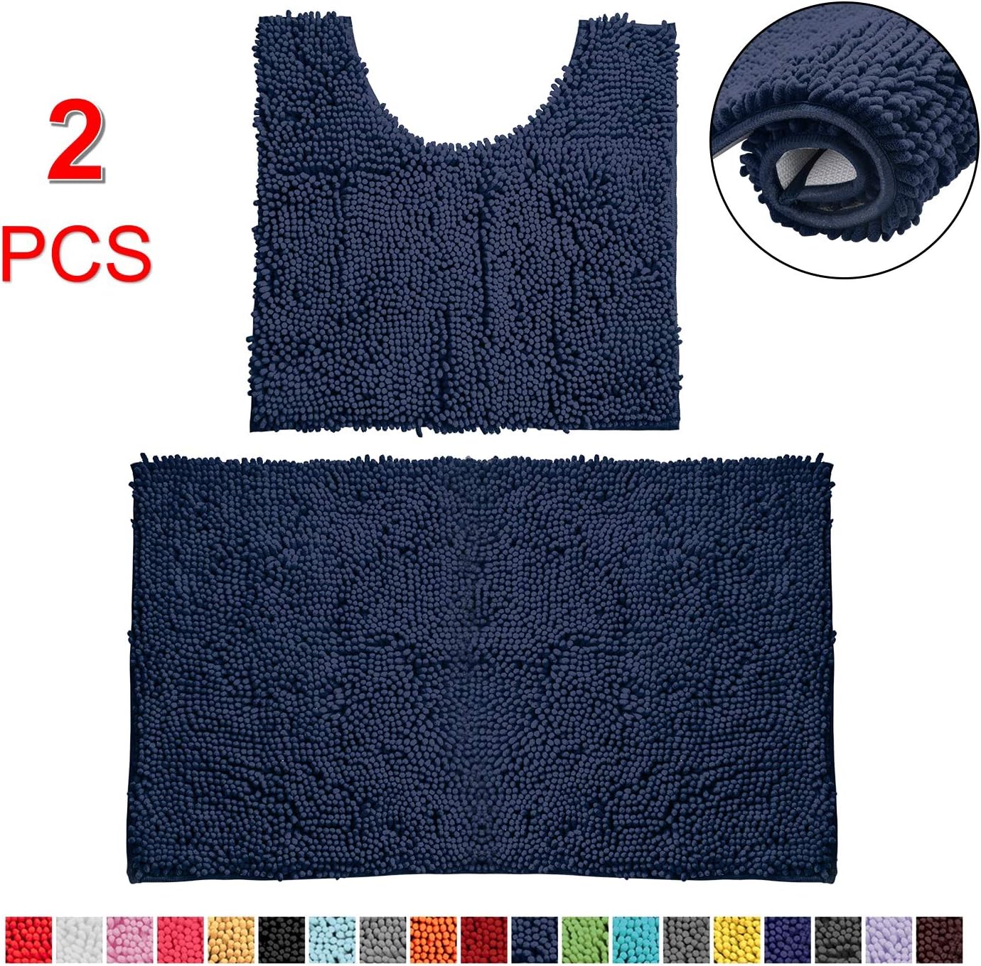 Bathroom Rugs Chenille Bath Mat Set, Soft Plush Non-Skid Shower Rug +Toilet Mat. (Blue): Kitchen & Dining