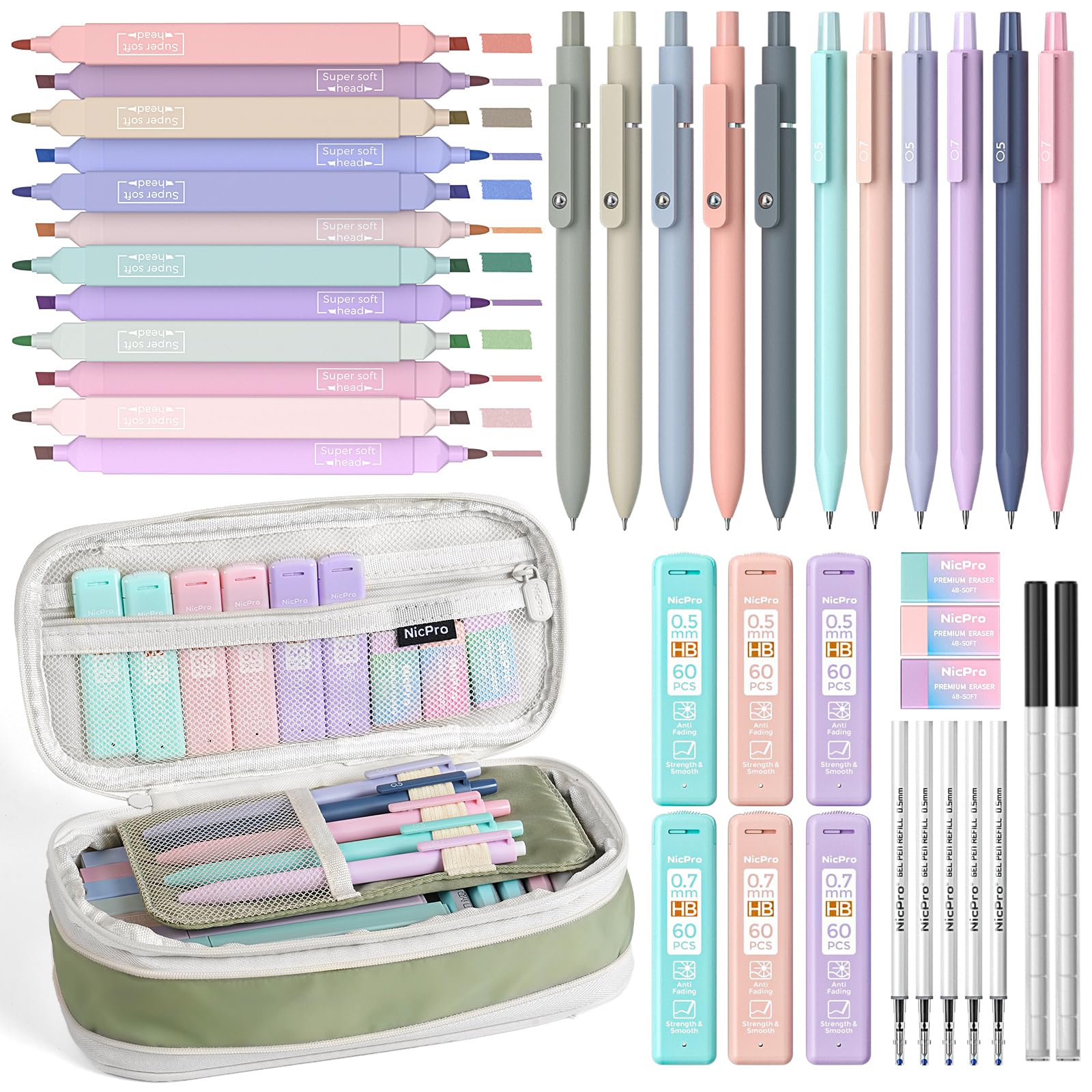 Nicpro 39 PCS Aesthetic School Supplies with Cute Pencil Case, 12 Color Pastel Highlighters, 5 Quick Dry Retractable Black Ink Pens, 6 Pastel Mechanical Pencil 0.5 & 0.7 mm for Student Stationary
