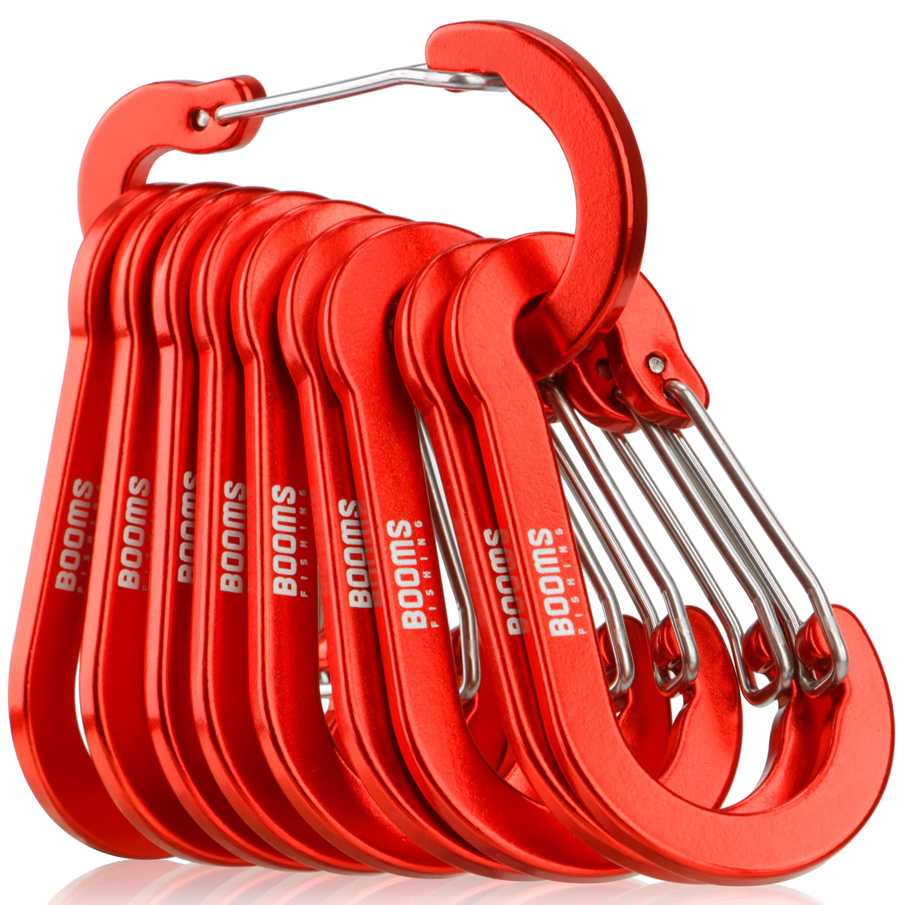 Booms Fishing CC5 Multi-Use Carabiner Clips, 10 Pack 2.7" Small Caribeener Clips, Mini Keychain Caribeaner Clip, Aluminum D Ring Carabiners, Red