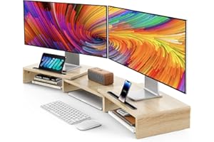 AMERIERGO Dual Monitor Stand Riser- 3 Shelf Screen Stand with Adjustable Length and Angle, 2 Extra Functional Slot Desktop Organizer Stand for PC, Computer, Laptop (Light Wood)
