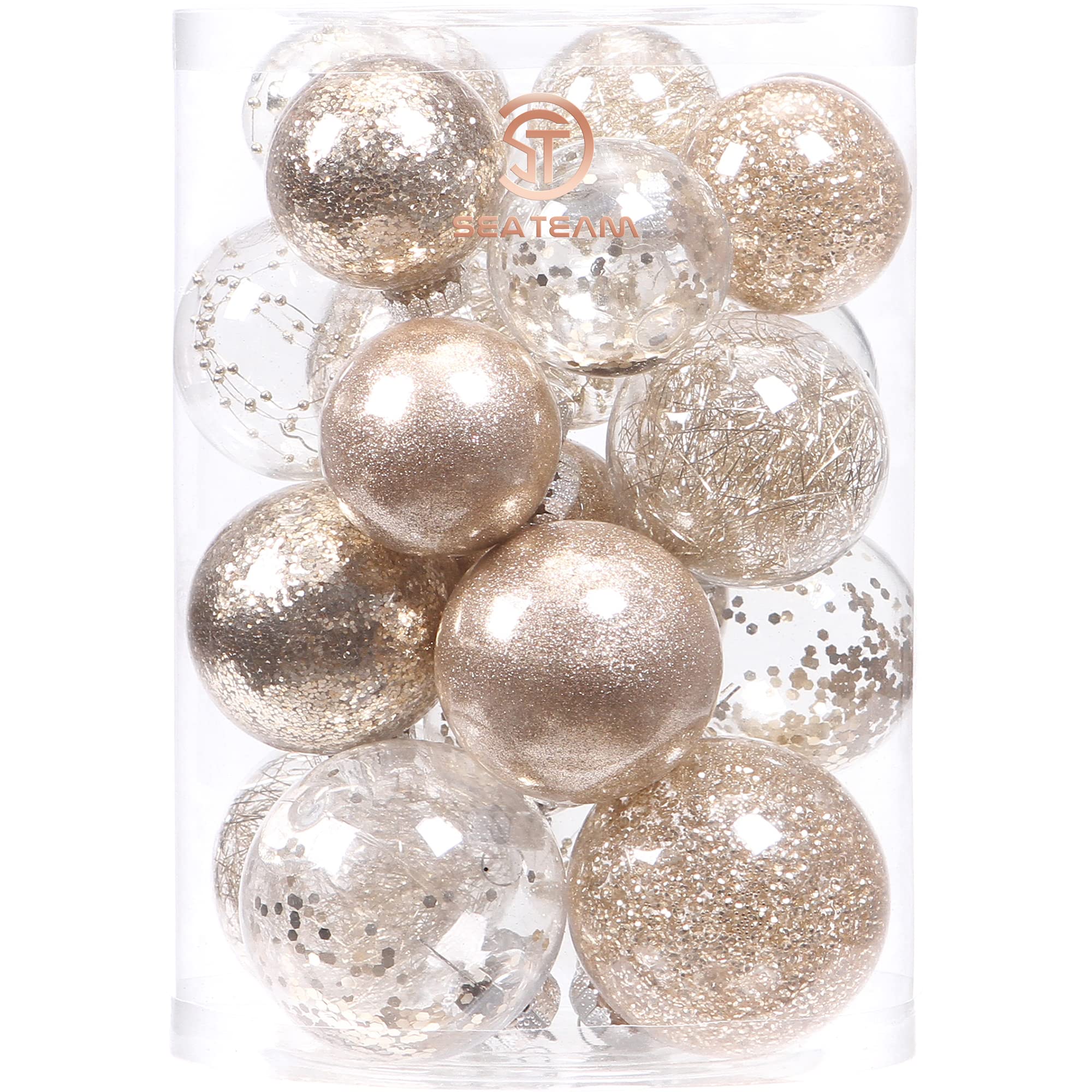 Sea Team Multi-Size Shatterproof Clear Plastic Christmas Ball Ornaments Decorative Xmas Balls Baubles Set with Stuffed Delicate Decorations (25 Counts, Champagne)