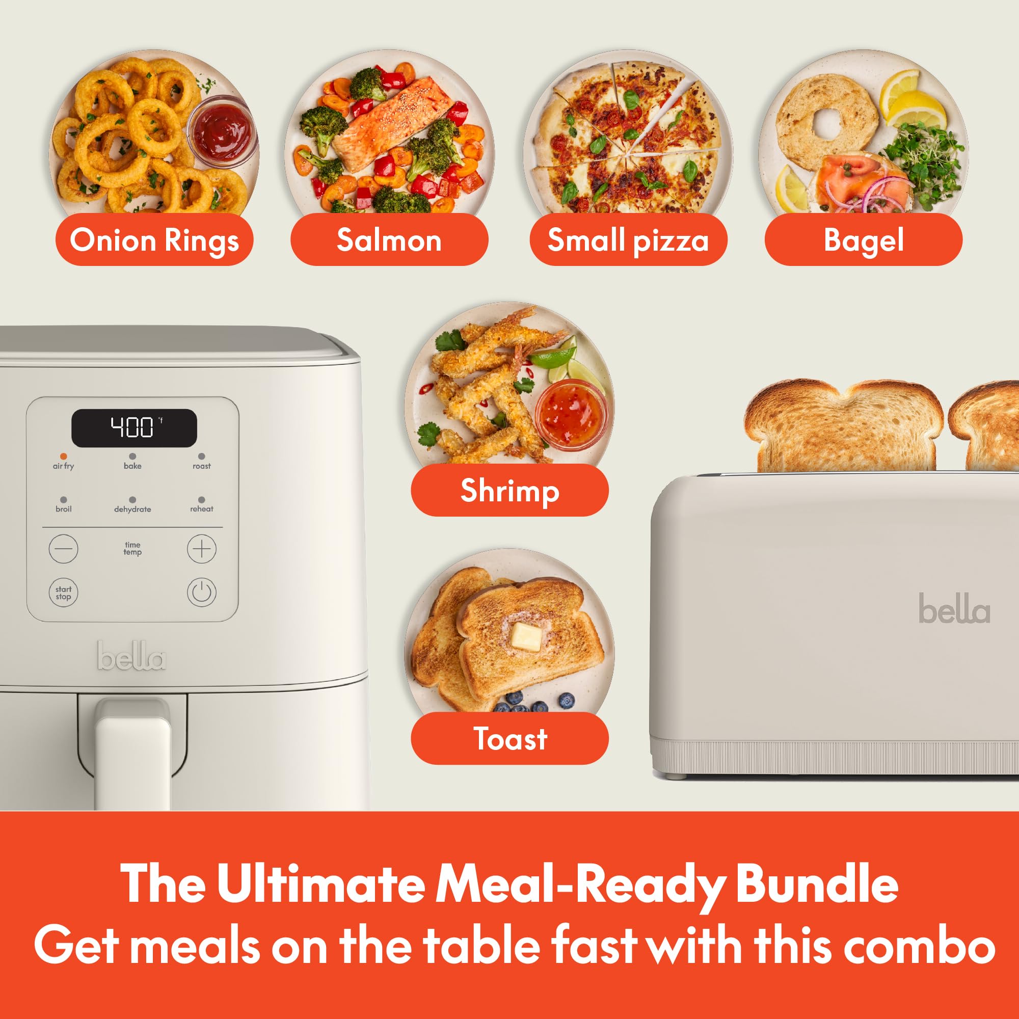 BELLA Tostadora delgada de 2 rebanadas + freidora de aire delgada de 4 cuartos, utensilios de cocina Fits-anywhere™, freidora de aire pequeña con 6 opciones de cocción preestablecidas y tostadora delgada con control de 6 tonos, leche de avena
