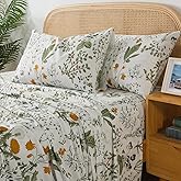 Zusbest Queen Sheet Set 100% Percale Cotton Green Floral Bed Sheet Set Yellow Flower & Green Leaves Botanical Pattern Printed on White Garden Luxury Crisp Soft Deep Pocket Fitted Sheet 17.5'' 4Pcs