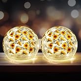 Rossesay 2 Pcs Sunflower Glass Lighted Ball Decorative Battery Operated 3.9 Inch Waterproof Floral Crackle LED Night Lights for Garden Globe Orb Lamp for Party Fall Thanksgiving Birthday Gift