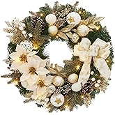 FairyLee Pre-Lit Artificial Christmas Wreath for Front Door, 24 Inch Battery Operated with LED Lights,Champagne Bow Berries and Pine Cones for Indoor, Outdoor Holiday Decor Window, Mantel, Wall
