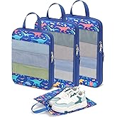 BrainyBees Kids Compression Packing Cubes, 4 Piece Set for Carry On Suitcase, Water Resistant Travel Luggage Organizers with Shoe Bag, Toddler Backpack Essentials (Blue Dinosaur)