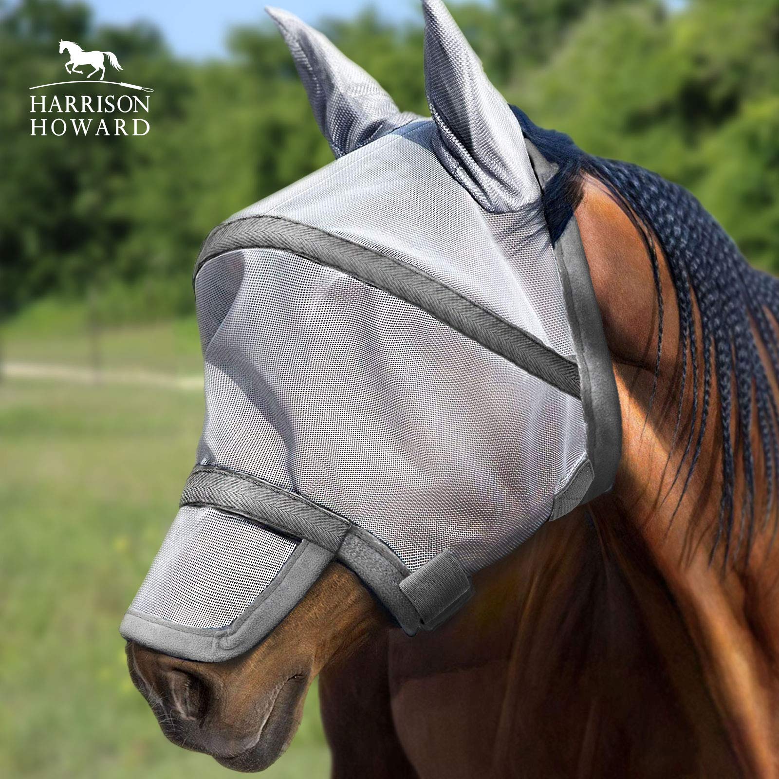 Harrison Howard Maskology Supreme Horse Fly Mask Stellar UV Protection with Detachable Nose Cover Well-Received 2-in-1 Mask Grey L Full Size
