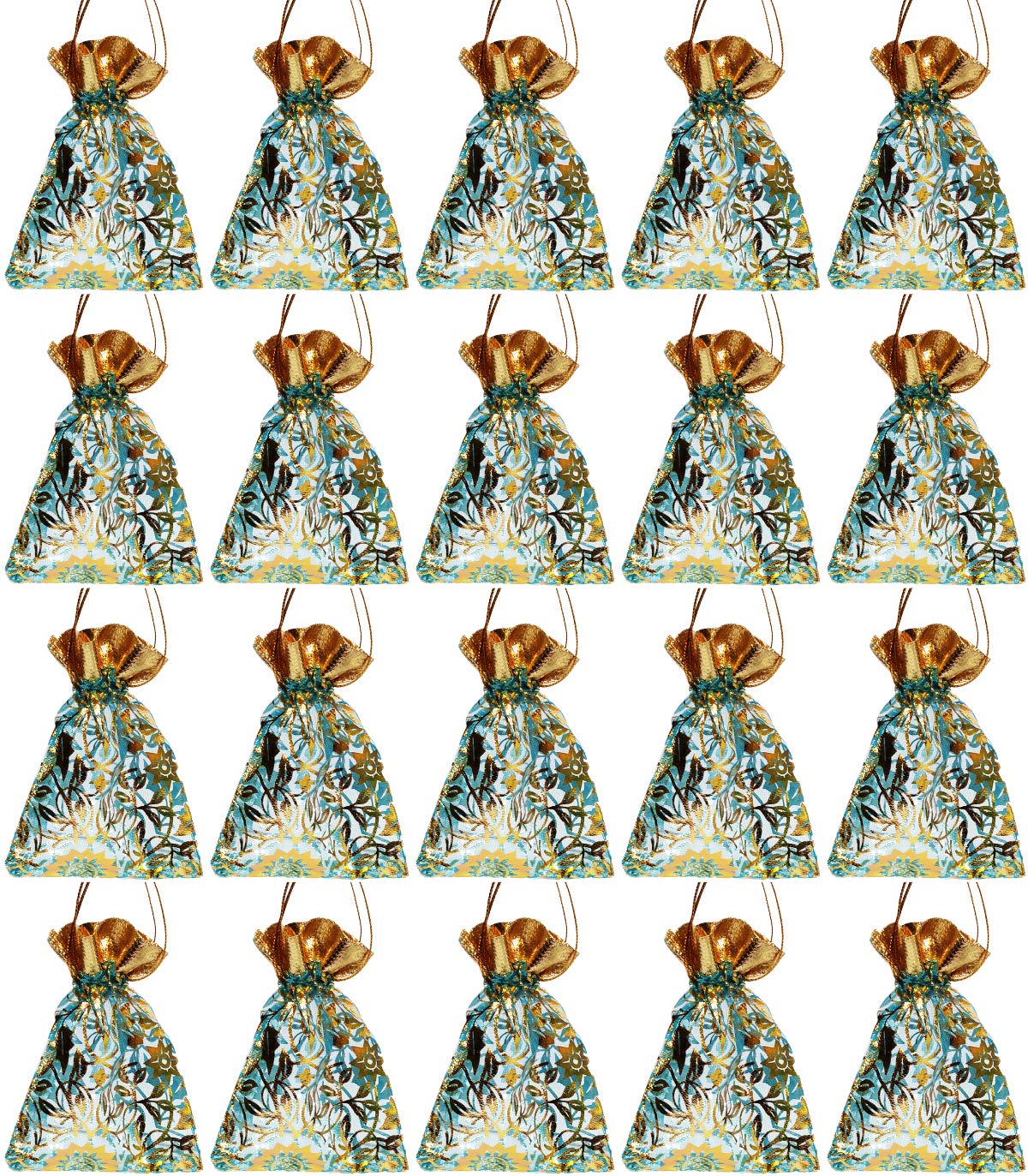 Purpledip Polyester Net Brocade Gift Pouch, Turquoise, 4 Inches: Pack of 20 Potli Gift Bags (12077A)