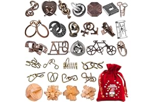 KAKEDUJA 30 PCS Metal Brain Teaser Puzzles Ring Educational Toys – Logic & Mind Puzzles for Adults & Kids, Fun Christmas Stocking Stuffers (30PCS Metal+Wood Puzzles)