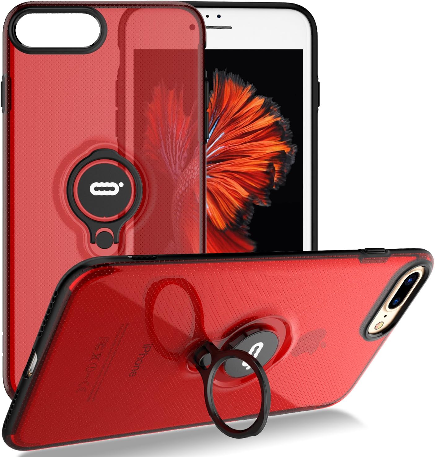 iPhone 8 Plus Case, iPhone 7 Plus Semi-Transparent Clear Case with Ring Holder Kickstand Built-in Metal Sheet Work with Magnetic Car Mount Ultra-Slim Cover Case for iPhone 8 Plus 5.5 inch - Clear Red