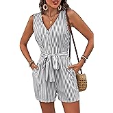 Women Summer Rompers Sleeveless V Neck Button Down Linen Jumpsuit Shorts Beach Striped Rompers with Belt