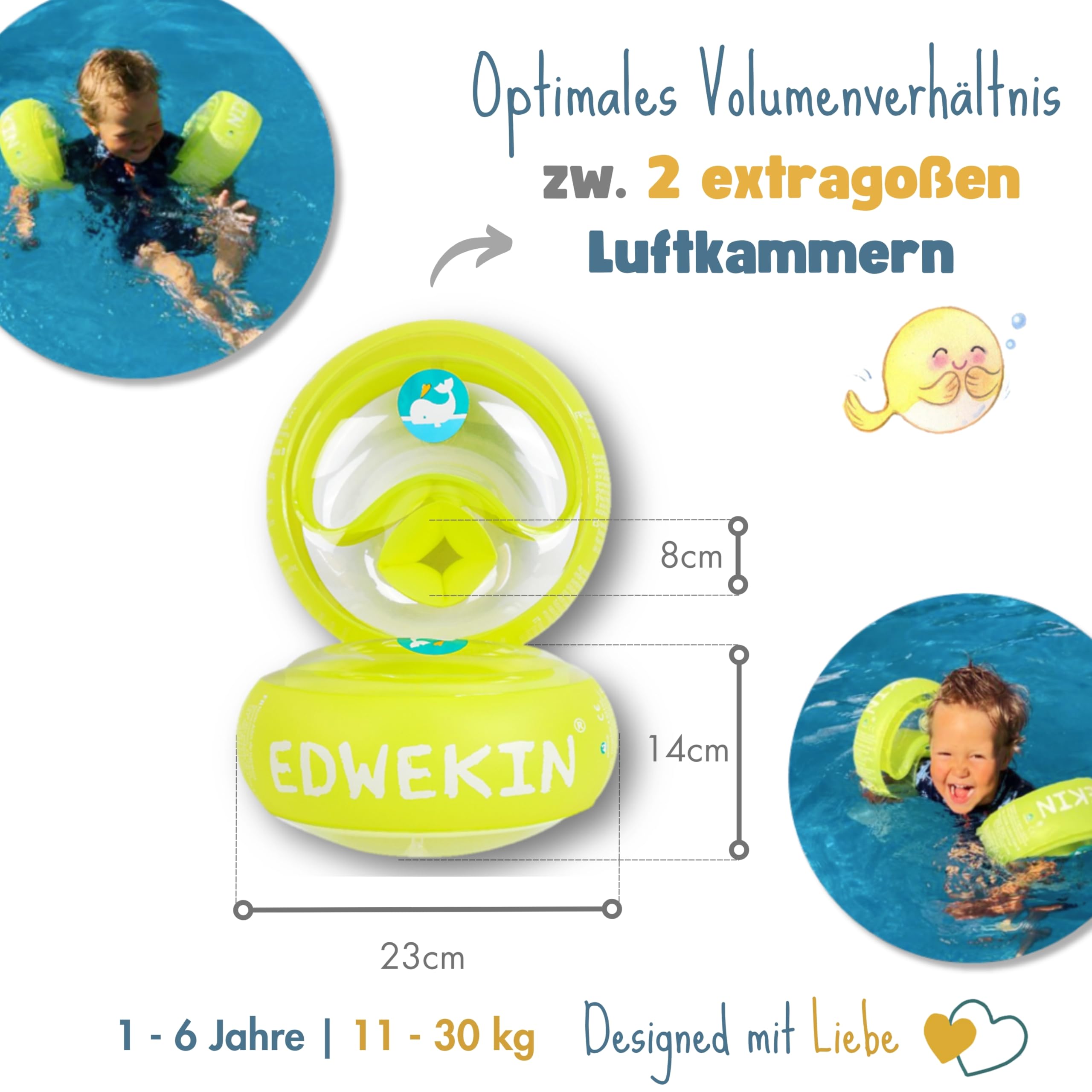 EDWEKIN® Goldi Premium Schwimmflügel | TÜV & GS-geprüft ✓ | Für Kinder 1–6 Jahre | Extragroße Luftkammern, BPA-frei, transparentes Design | Führende Schwimmhilfe für Babys und Kleinkinder 5