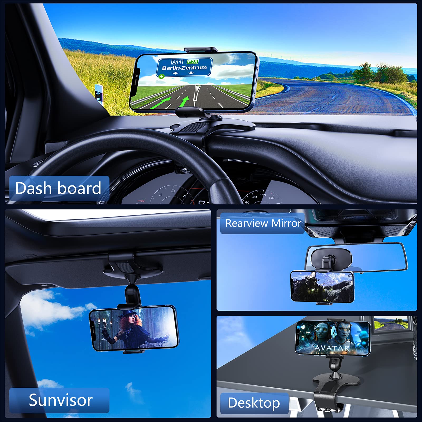 360 Degree Rotation Dashboard Cell Phone Holder for Car Clip Mount Stand Suitable for 4 to 7 inch Smartphones (Black)