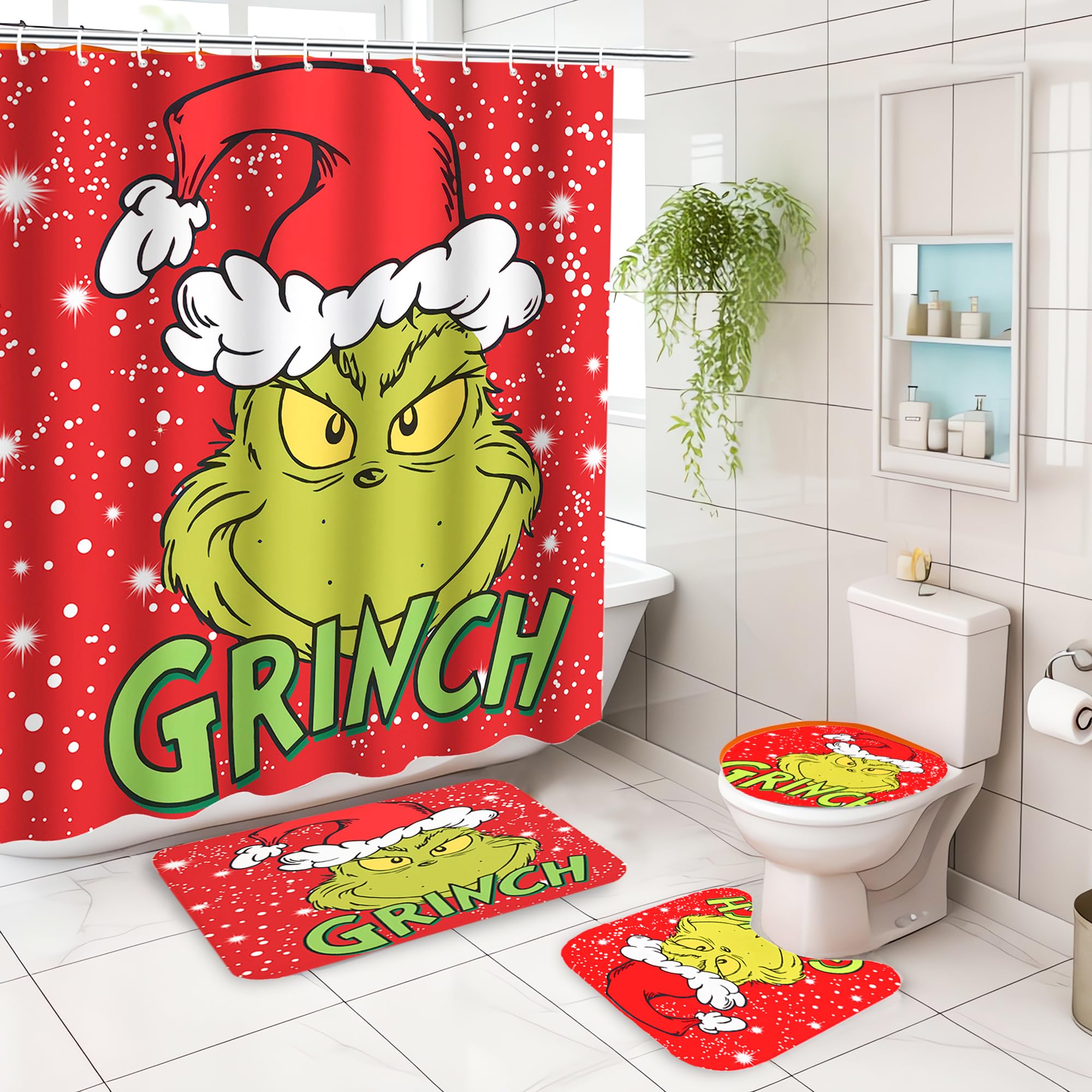 ODAPTO Christmas Bathroom 4Pcs Shower Curtain Set with Non-Slip Rugs ...