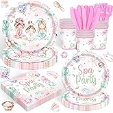 120PCS Spa Party Supplies Pink Makeup Themed Birthday Party Decorations for Girls Child Kids Slumber Sleepover Pajama Tableware Set Plates Napkins Cups Forks Knives for 20 Guests