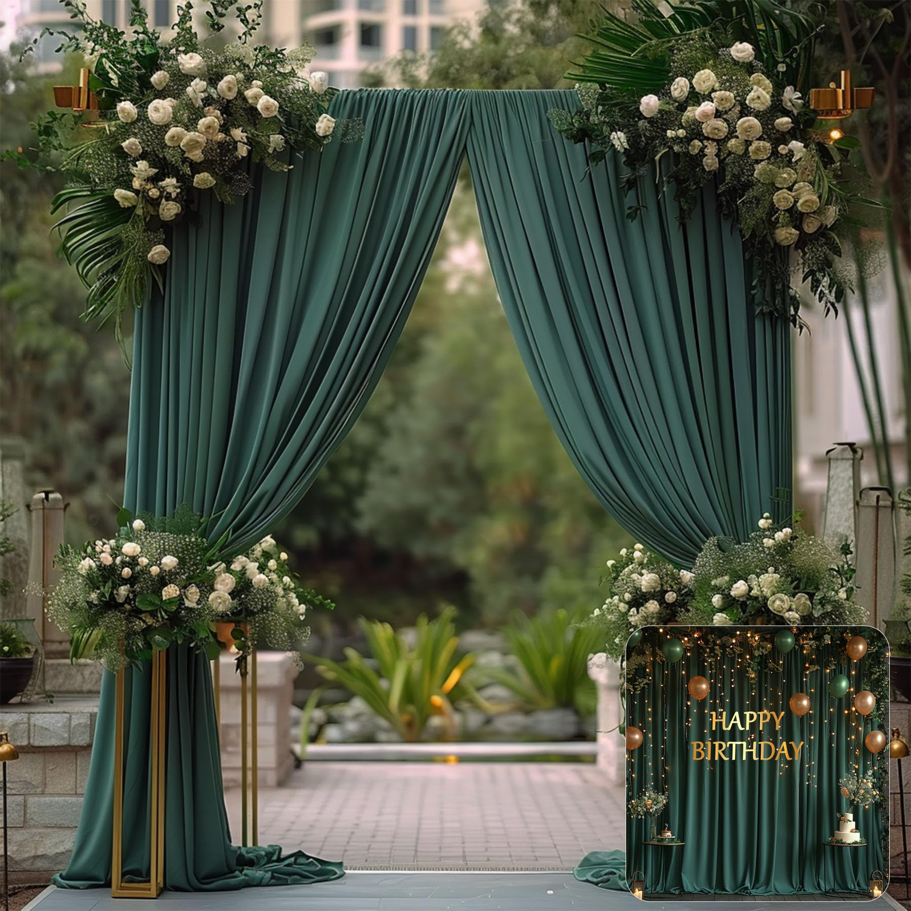Photo 1 of 10x10ft Hunter Green Backdrop Curtains for Parties - HAEFOO Photography Backdrops for Wedding Birthday Baby Shower Party Background Decor 2 Panels Cortinas para Fiestas Decoracion for Back Drop Stand