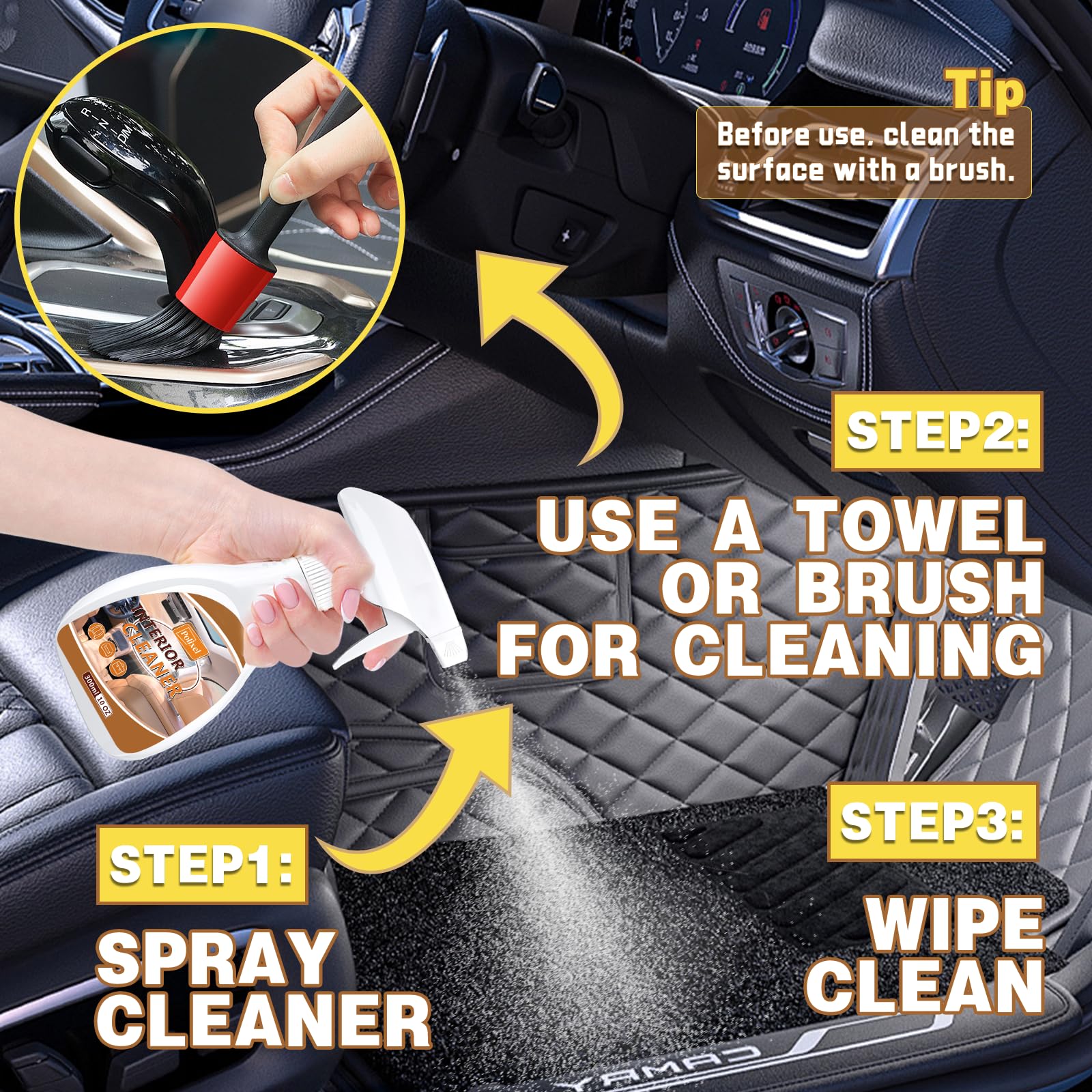 POLIXEL Car Interior Cleaner, Total Interior Detailing Spray for Dashboard, Seats, Carpet, Leather & Plastics with 1x Microfiber Towel & 1x Detailing Brush - 10oz/300ml