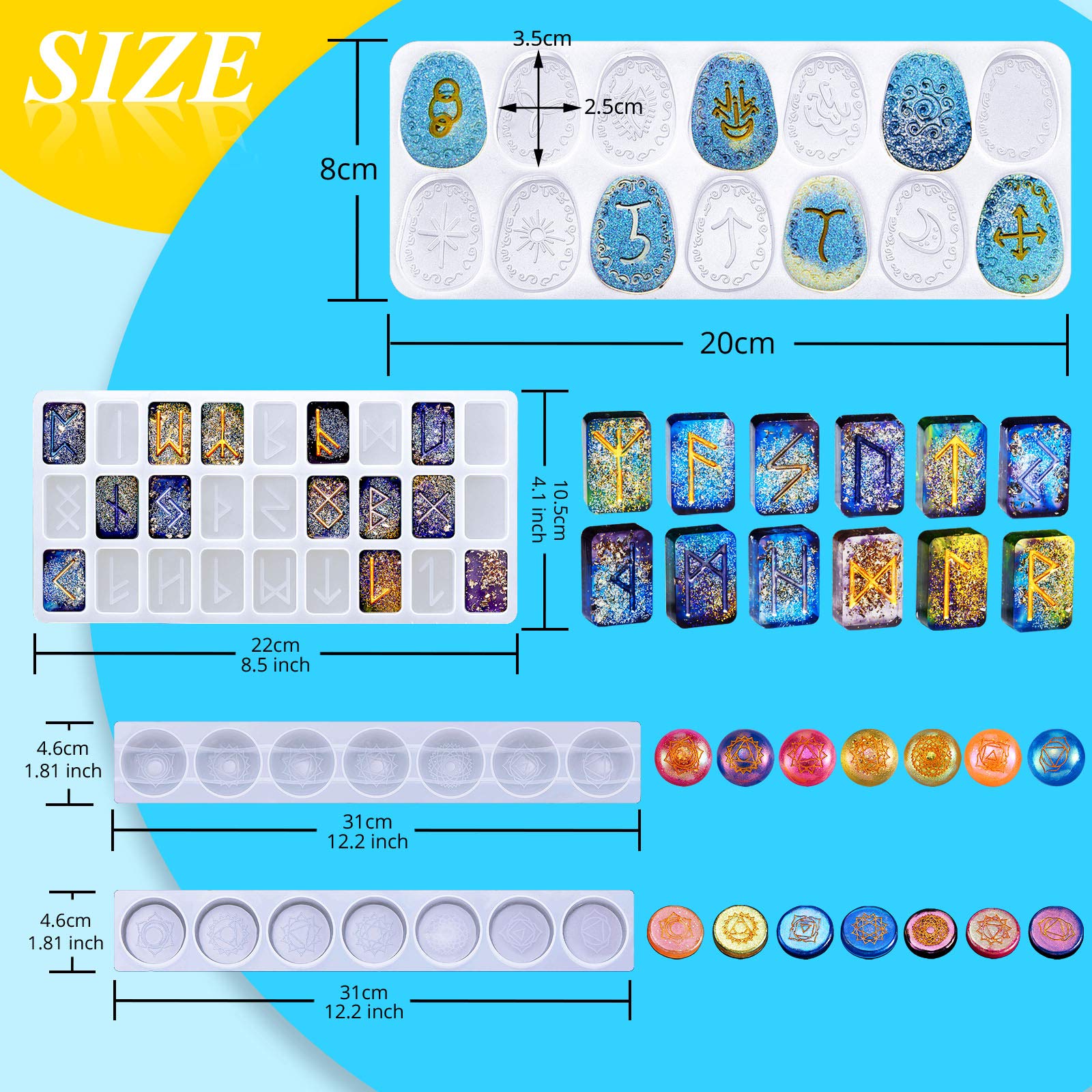 Geiserailie 7 Chakras Stones Resin Mold Rune Silicone Mold Symbol Rune Letter Epoxy DIY Symbol Word Casting DIY Resin Craft for Handmade Crafts Making Supplies