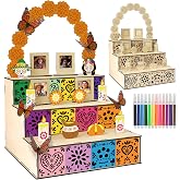 AerWo Dia De Los Muertos Altar, Wooden Marigold Day of the Dead Decorations | Day of the Dead Altar Kit with Photo Frames & Butterflies, Unfinished Ofrenda Altar De Muertos with Colored Pens, 3 Tier
