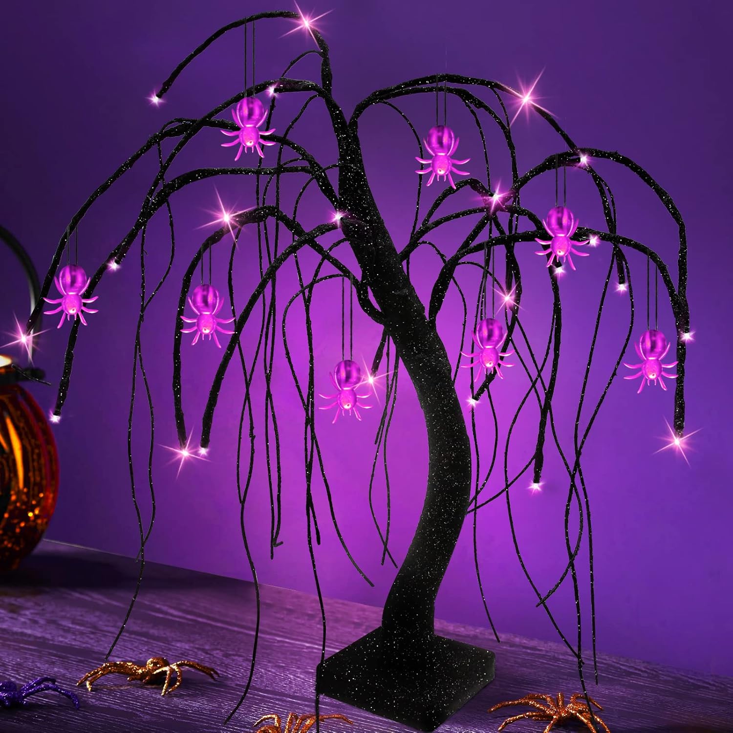 Trees - SURCVIO 18 Inch LED Halloween Black Willow Tree Decorations 24 Purple LED Lights with 8 Spiders Ornaments and Halloween Theme Fence, Black Spooky Tabletop Tree Scary Decor for Indoor Home Party