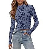 MASCOMODA Mesh Long Sleeve Tops for Women 2025 Trendy Mock Neck Crop Going Out Fitted Floral Shirts Fall Fashion Clothing
