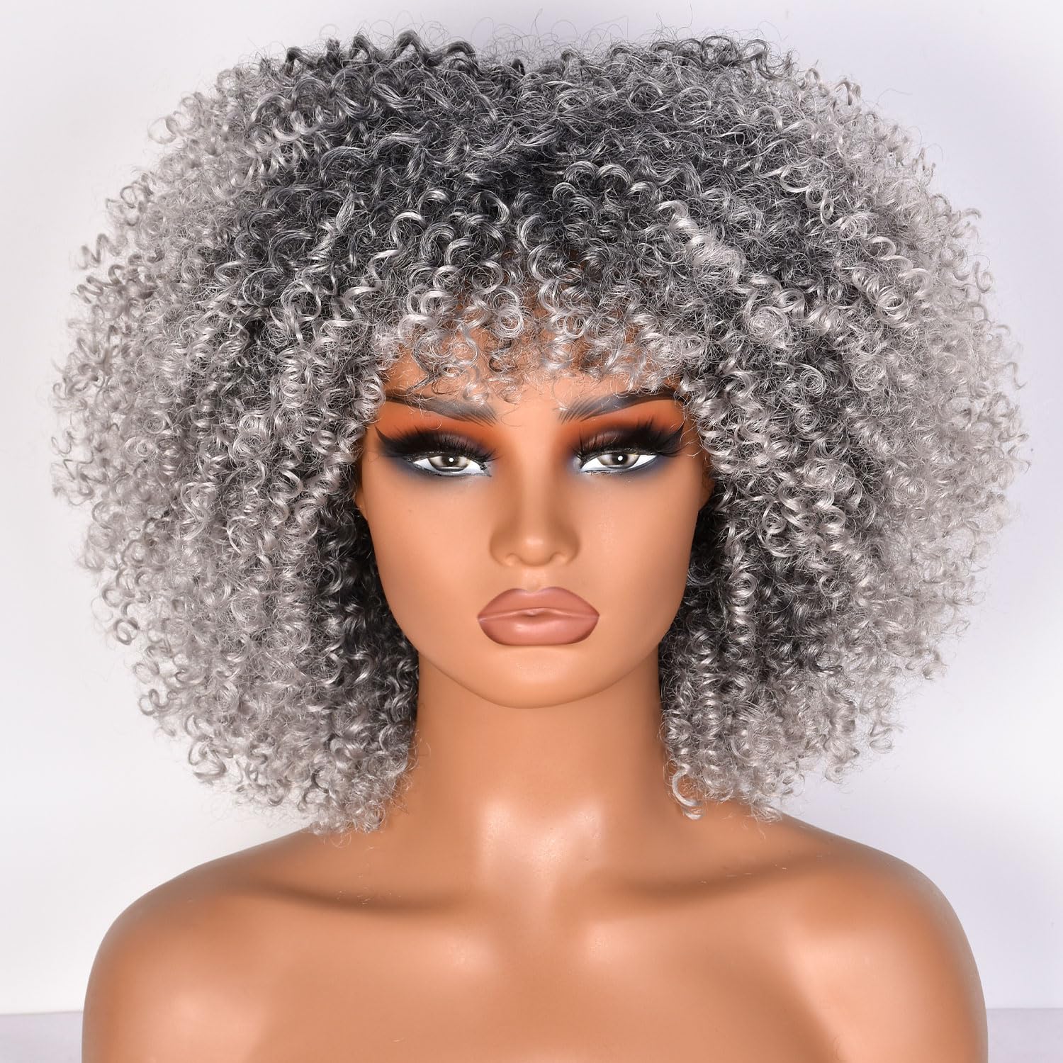Lizzy 10 Inch Afro Curly Wigs for Black Women Synthetic Afro Wig with Bangs Heat Resistant Short Kinky Curly Wigs for Cosplay and Daily (Ombre Grey)