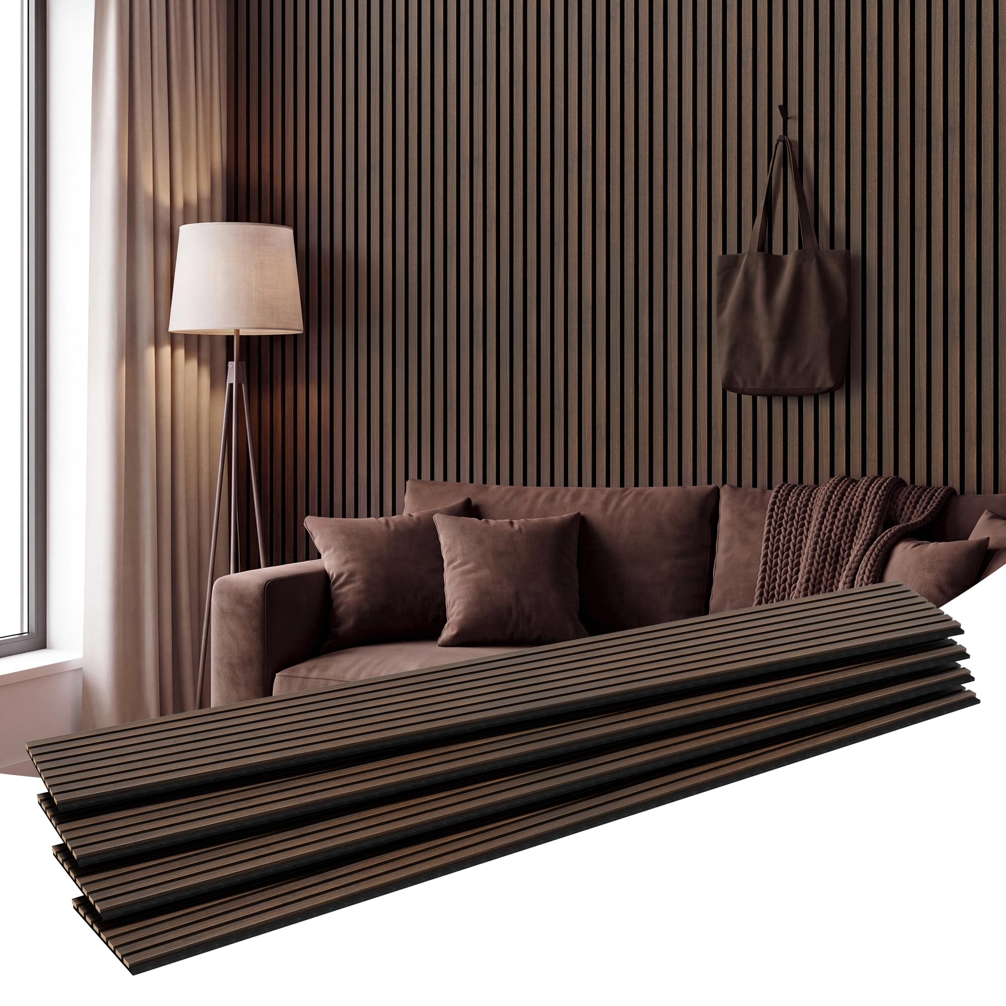 Amsleekey 4-Pack 94.5″x12.6″ Acoustic Wood Wall Panels,8 Hooks, Dark Walnut | 3-sided wood-grain finish, level included, nois