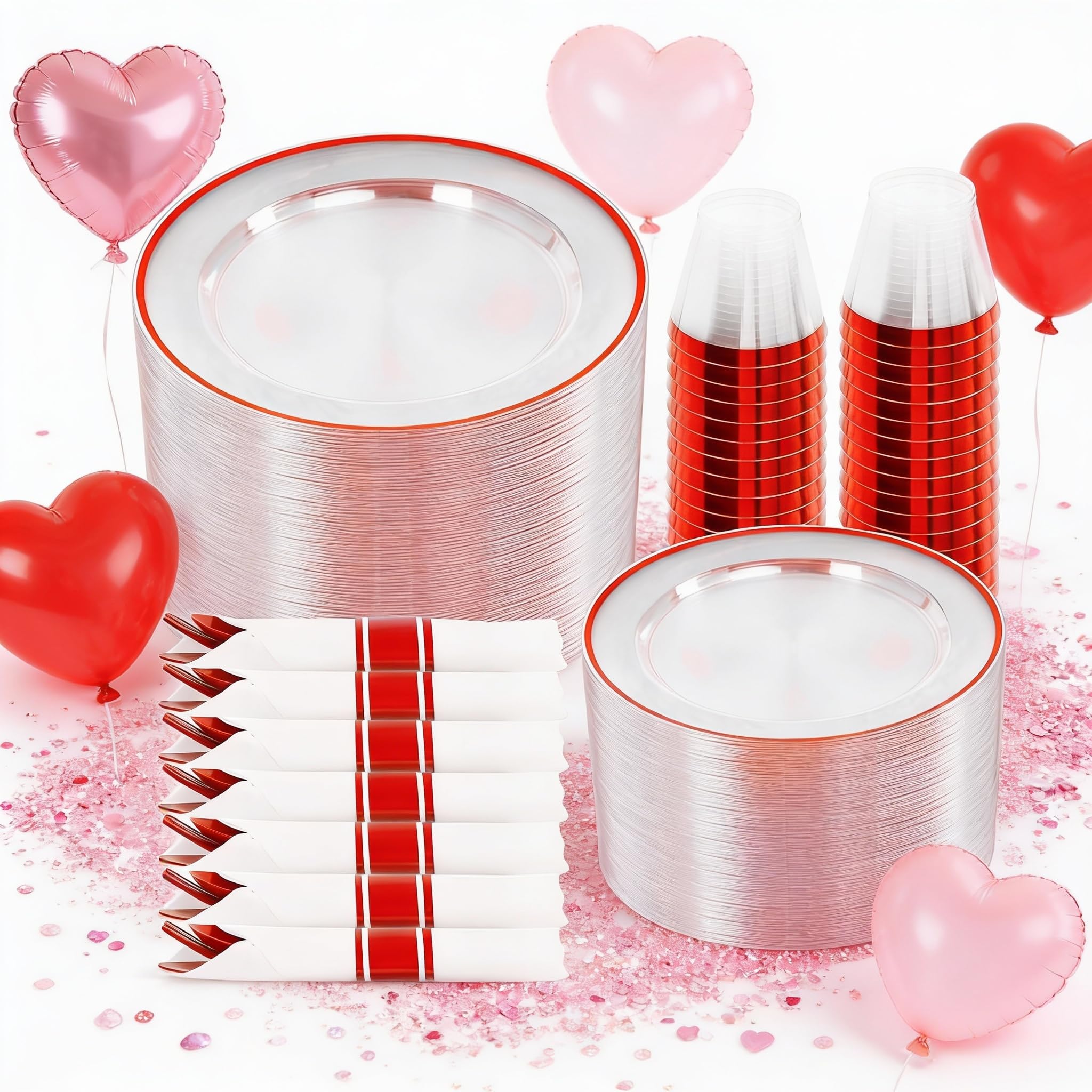 Photo 1 of SUT 350 Pcs Red and Clear Plastic Dinnerware Set for 50 Guests, Include: 50 Dinner Plates, 50 Dessert Plates, 50 Pre Rolled Napkins With Silverware, 50 Cups, Disposable Plates for Party