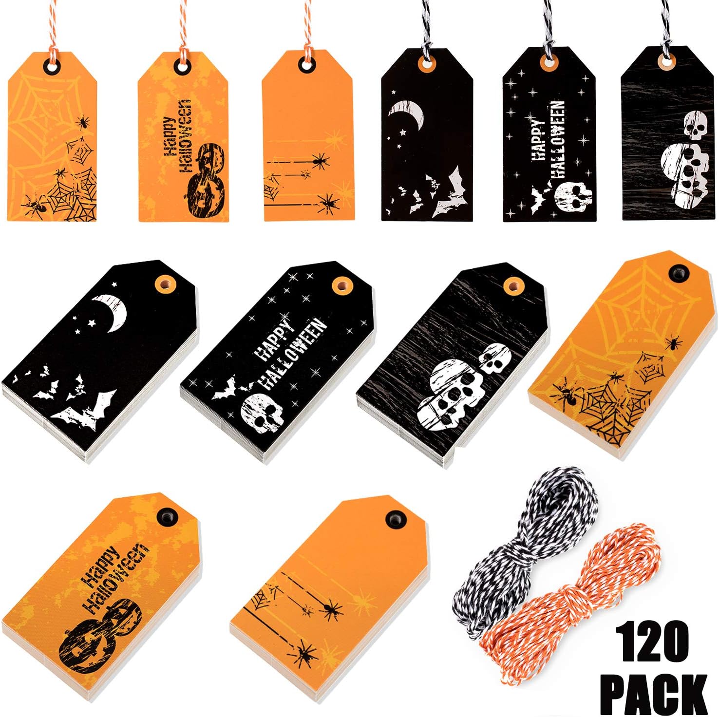 Whaline 120 Pack Halloween Paper Tags with 130ft Cotton Rope for Halloween Party Favor, Candy Goodie Bag Gift Decoration : Office Products
