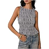 Milumia Women's Gingham Print Shirred Tank Top Summer Y2K Sleeveless Crew Neck Babydoll Shirt