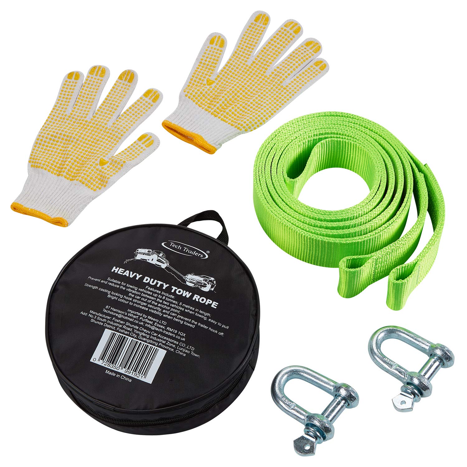 Tech Traders ® Recovery Straps, Towing belt,Towing Rope/Towing Road Recovery Strap for Cars Fluorescent 17600Ib 5 Meter With 2 Shackles&2 Slip-Proof Gloves FREE Carry Case