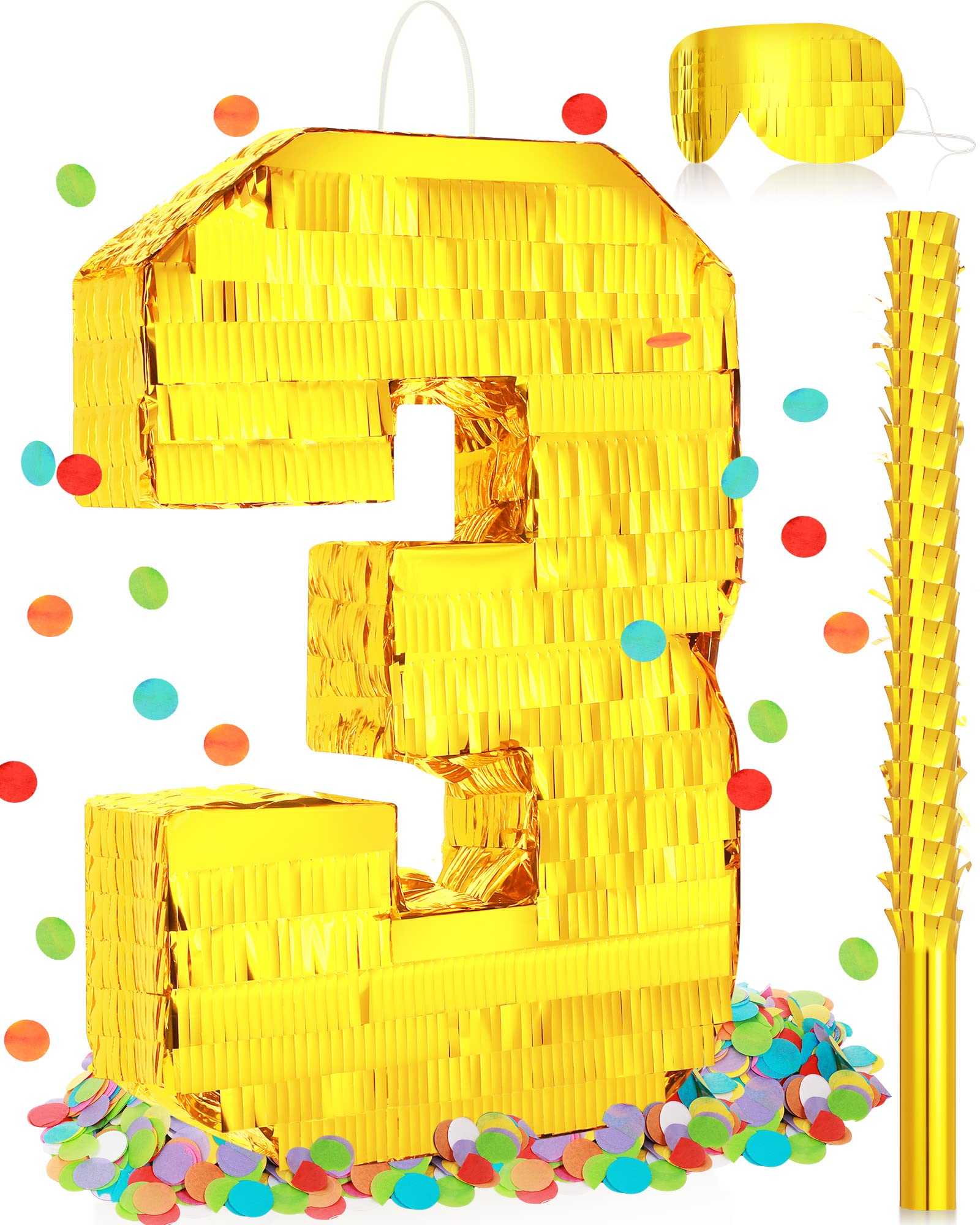 Photo 1 of Sratte Piñata Birthday Party Decorations Gold Foil Piñata with Stick Blindfold Confetti for Boy Girl Birthday Anniversary Celebrations Fiesta Supplies(Number 3)