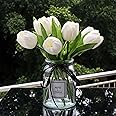 grtefhu 10pcs Fake Faux Tulips in Vase,Silk White Tulipanes Tulips Artificial Flowers Real Touch Arrangements with Vase for Desk Table Decoration Home Decor