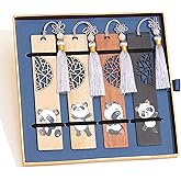 TSAXN 4 Pcs Wooden Bookmarks with Tassels, Comes in A Beautiful Gift Box, Ideal Bookmark Gifts for Book Lovers (Panda)