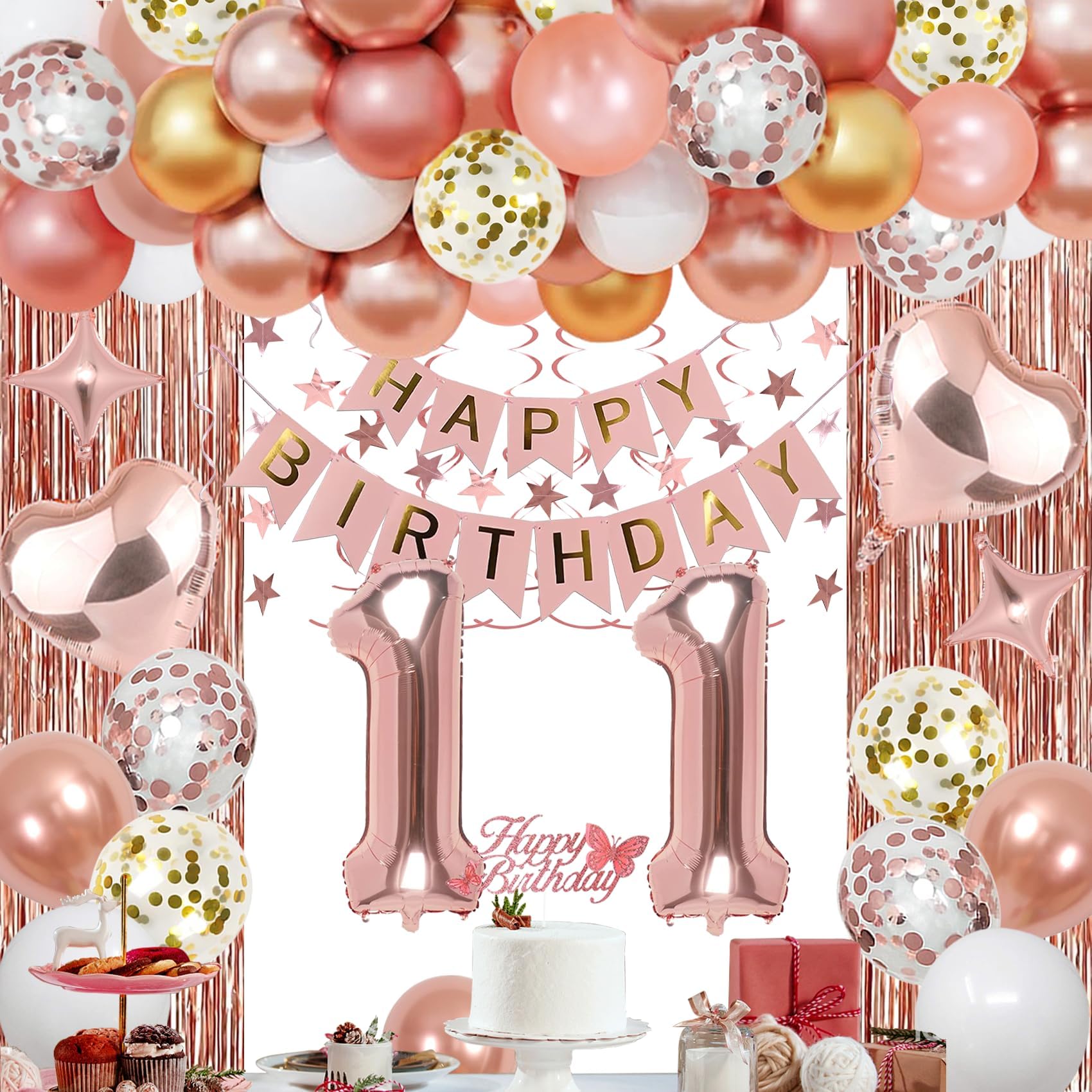 Photo 1 of NANINUNENO 11th Rose Gold Birthday Party Decorations for Girls, Rose Gold Happy Birthday Banner, Fringe Curtains, Heart Foil Balloons, Confetti Balloons, Cake Topper for 11th Birthday Decorations