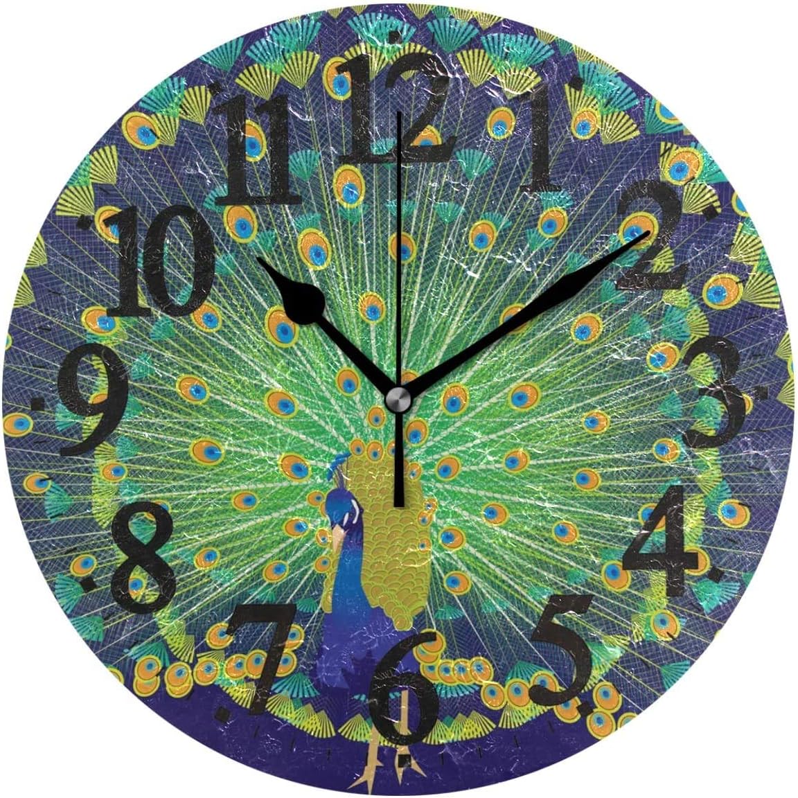 Amazon Com Acove Peacock Dark Blue Background Round Pvc Wall Clock 12 Inches For Home Decor Living Room Kitchen Bedroom Office School Home Kitchen