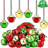 48 Pieces Christmas Bell Necklaces Christmas Holiday Necklaces Gold Red Green Xmas Jingle Bell Necklaces with Ribbons for Christmas Craft Gift Supplies Stocking Stuffers Accessories