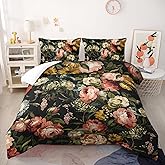 Nttopship Black Floral Comforter Set Queen Colorful Floral Bedding Sets 3PCS for Kids Teen Adult Flowers Leaves Room Decor Ultra-Soft Lightweight Microfiber 1 Comforter with 2 Pillowcases