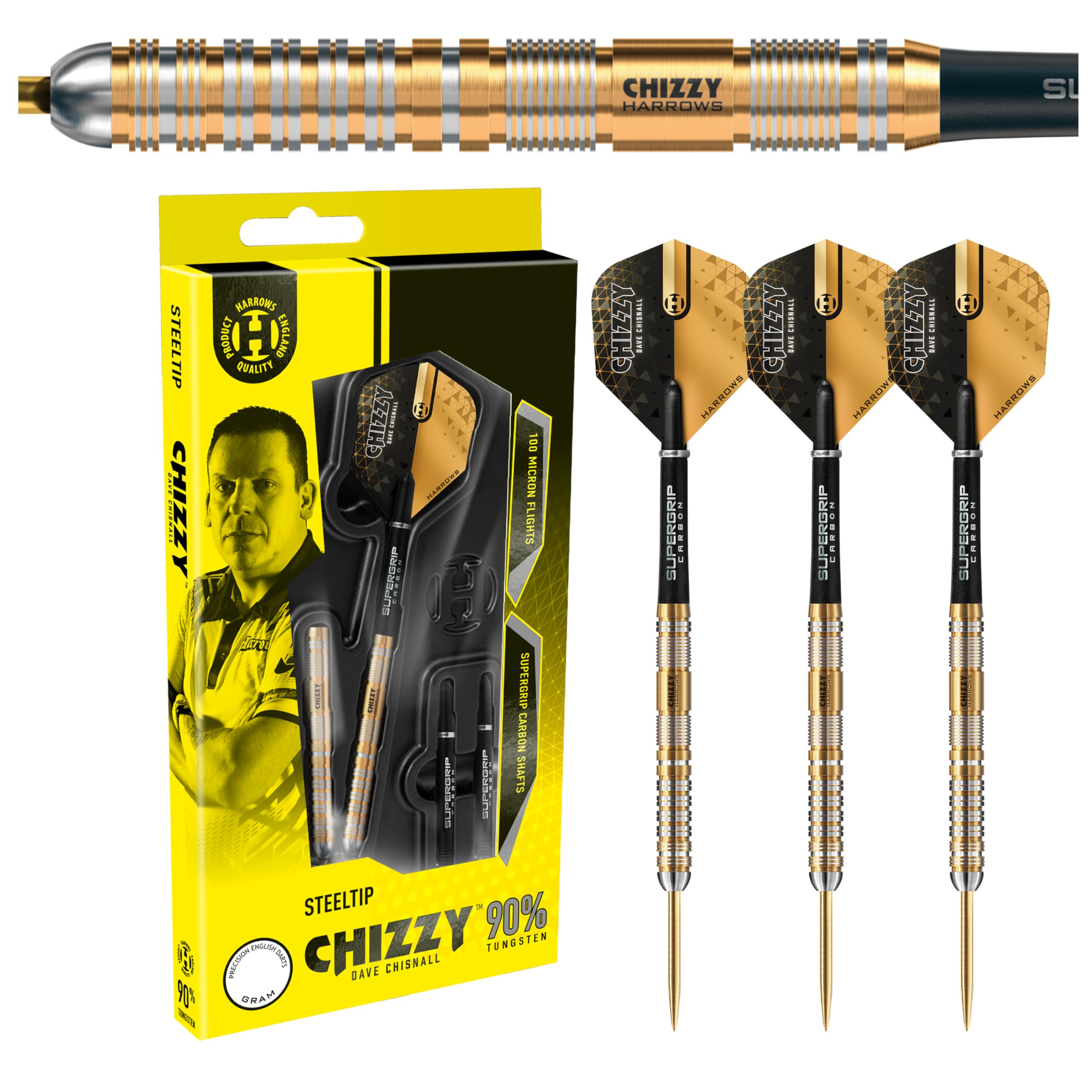 Harrows Dave 'Chizzy' Chisnall 90% Tungsten Darts Pro Player Steel Tip Darts Set with Quick Point Change System 21g Includes Supergrip Carbon Shafts & 100 Tough Micron Chizzy Flights (24g)